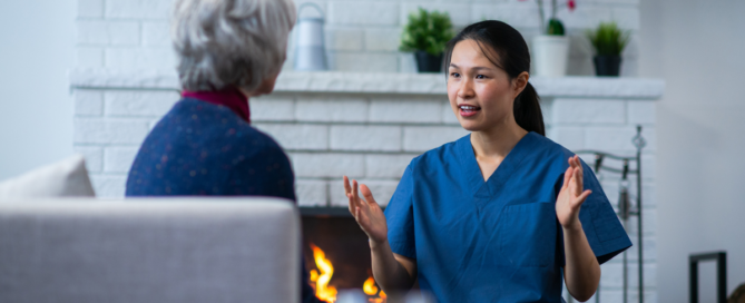 A professional caregiver explains some of her responsibilities as a caregiver to her senior client.