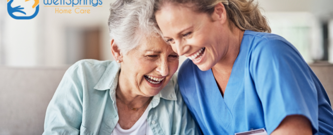 A woman who is providing companion care and her senior client laugh and enjoy their time together