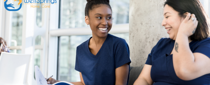 2 women study together to meet the requirements for being a professional caregiver.