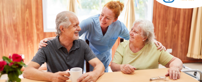 A good caregiving environment can benefit both caregiver and clients, as shown here by this caregiver and her 2 clients.