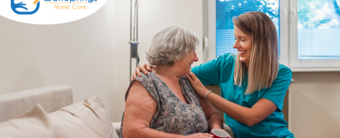 A home care provider compassionately tends to a senior client in their home.
