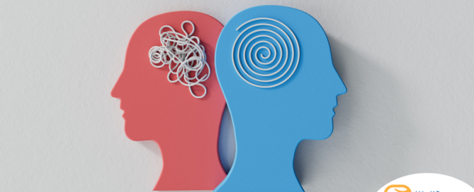 A graphic with a head with jumbled strings and one with organized, spiral strings, representing bad and good brain health.