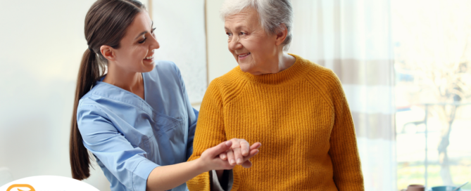 Professional caregivers, like this one who is helping a senior client walk, require a number of qualities and skills to provide compassionate personal care.