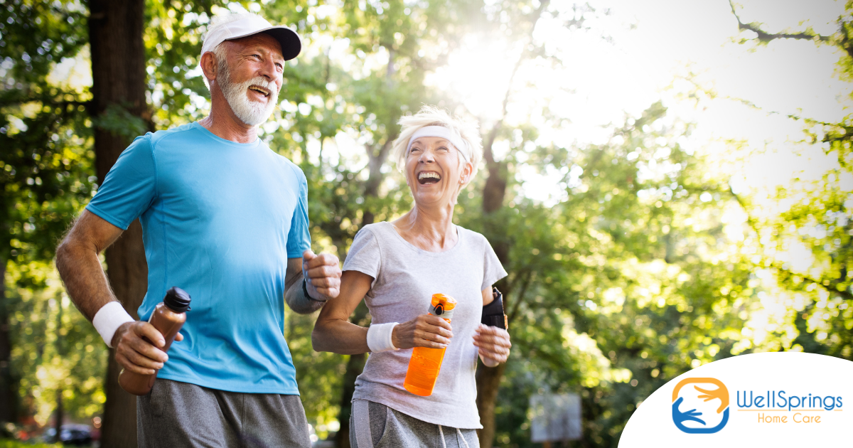 A senior couple enjoys walking outdoors, one of many activities for seniors that can help them stay healthy.